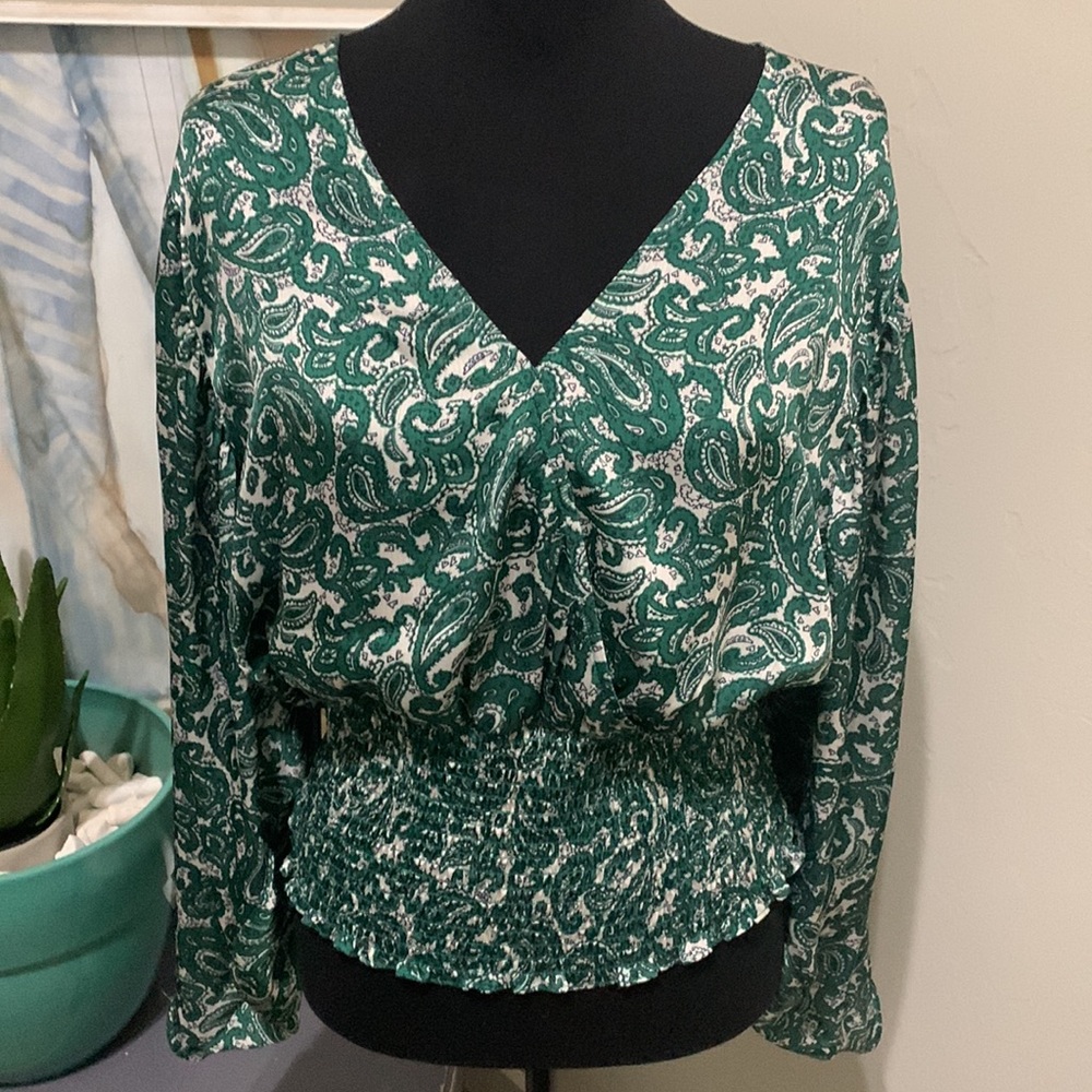 NWOT Wayf Surplice Green Paisley Blouse L